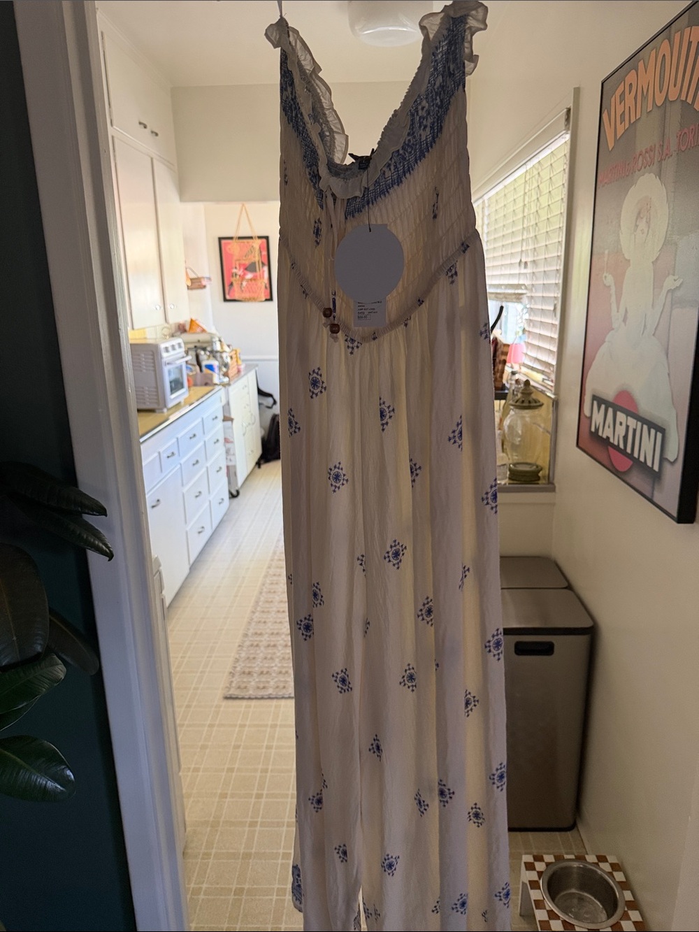 Aakaa Cream Maxi Dress with Blue Embroidery